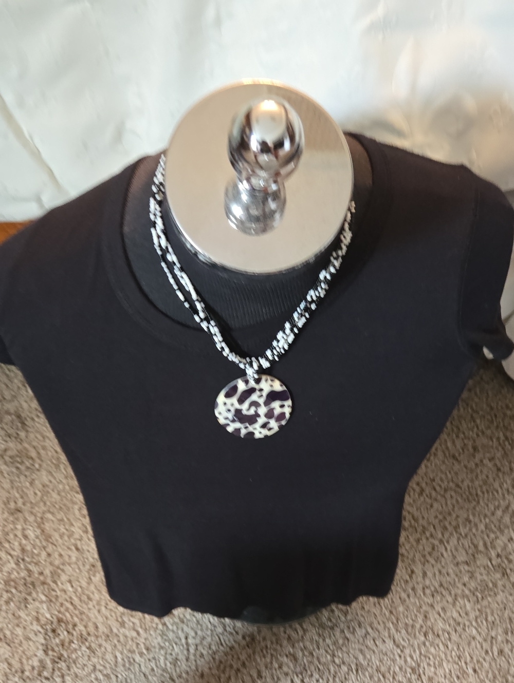 Black and White Beaded Necklace with Round Pendant - Women Jewelry